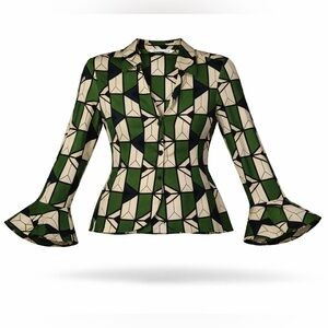 Zara Green and Cream Geometric Button Down Blouse Shirt XS